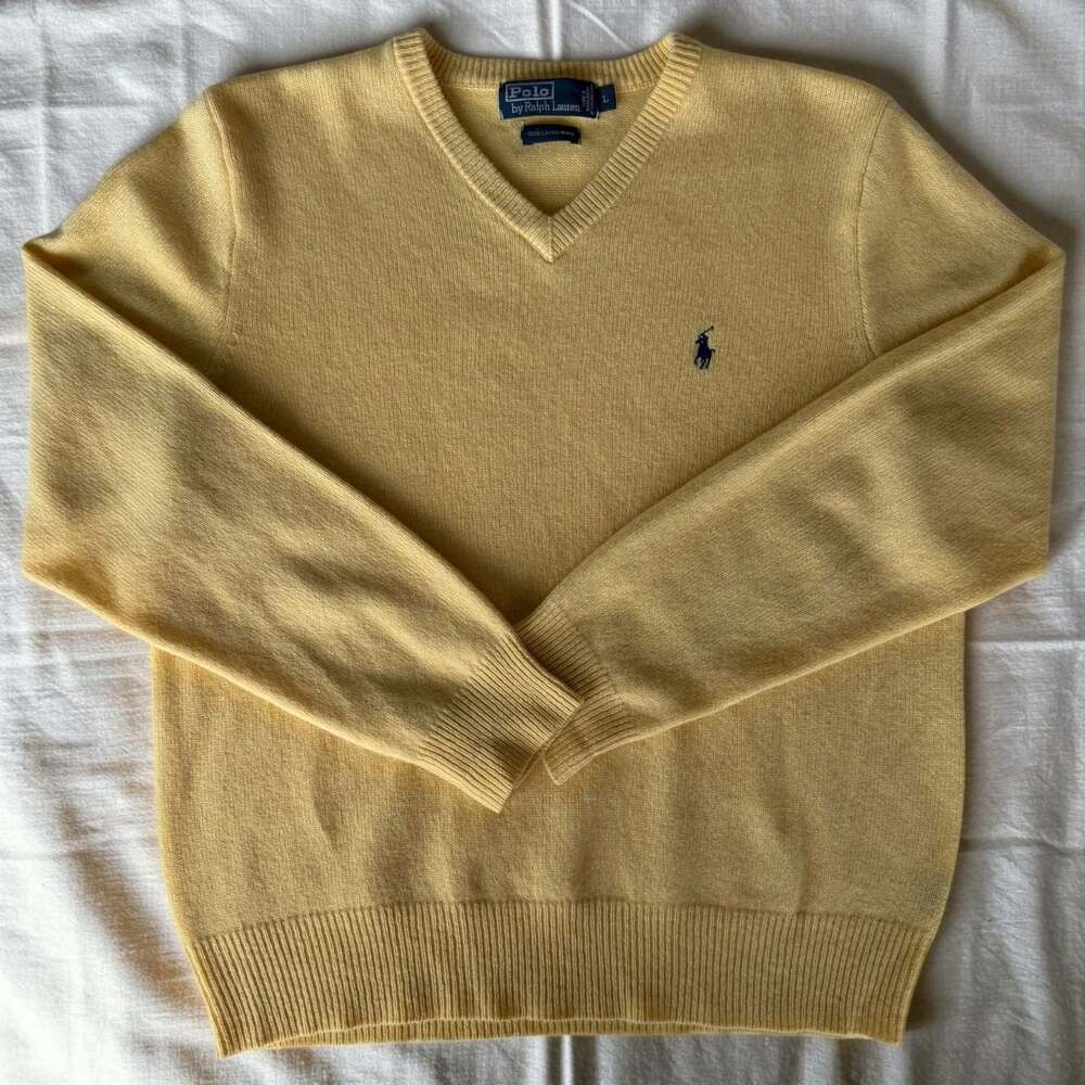 Polo by Ralph Lauren 100% Lambs Wool V-Neck Sweater Yellow Size Large